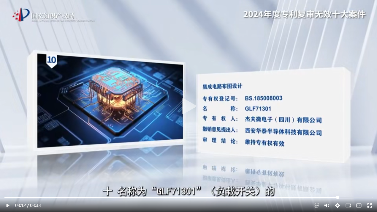 三聚陽光代理“GLF71301”集成電路布圖設(shè)計撤銷案入選國知局2024年度專利復(fù)審無效十大案件